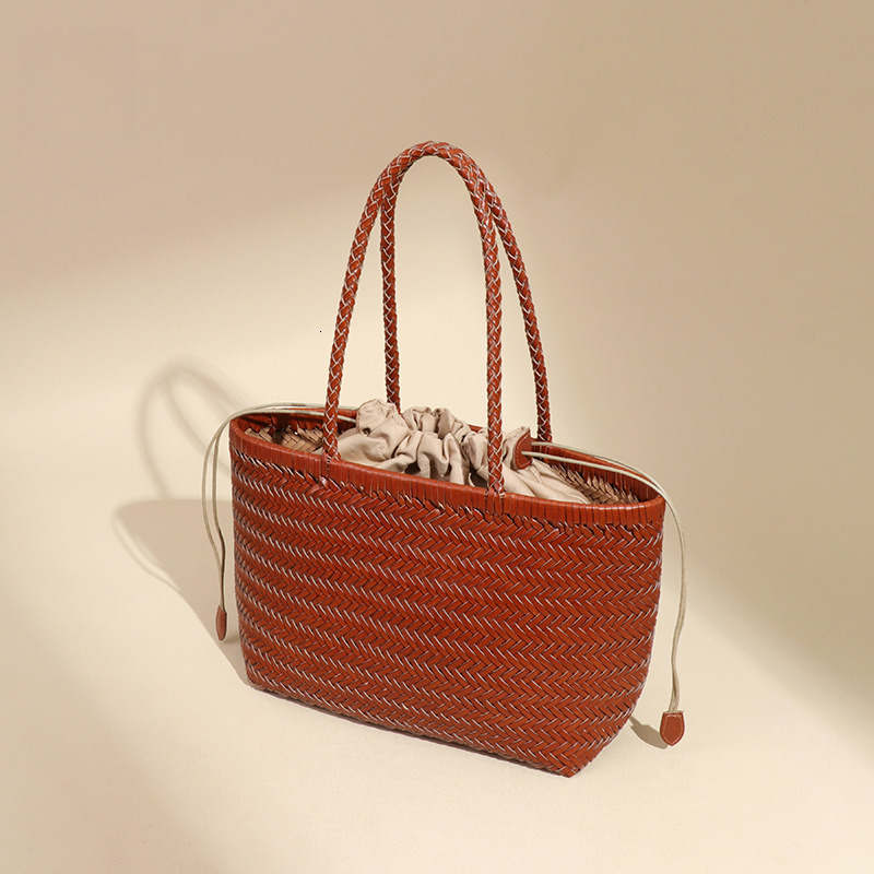 Cowhide Vegetable Basket Handbag Tote Women's Personality Handwoven Casual Vacation Style Shoulder Underarm Bag