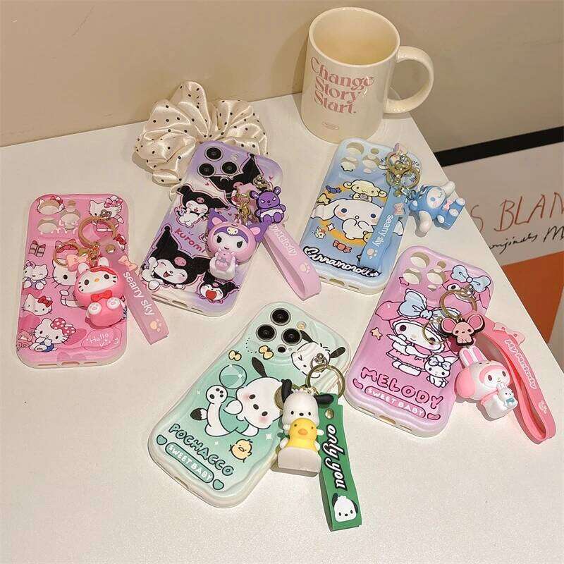 3D Cartoon Kuromi Wavy Phone Case For iPhone 16 15 14 Pro 13 12 11 X Xr Xs Max 7 8 Plus SE Cute Melody With Wrist Strap Cover