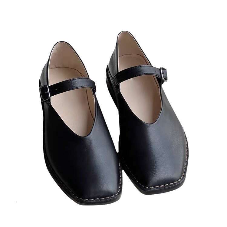 Genuine Korean Style Square Toe One-Strap Buckle Mary Jane Women 2024 New Versatile Flat Shallow Mouth Small Leather Shoes