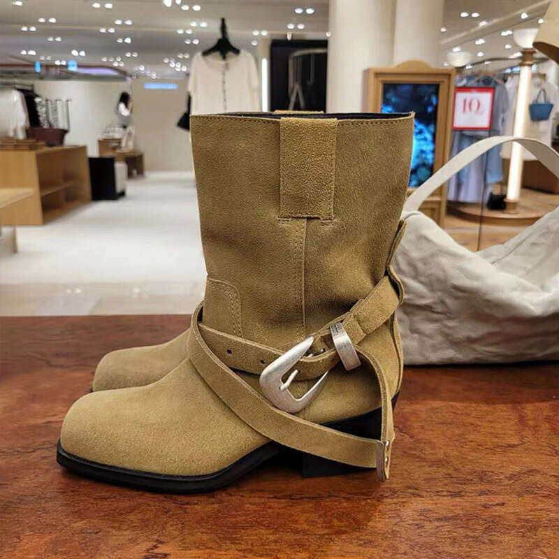 Korean Style Niche Cross Strap Suede Chunky Heel Square Toe Western Cowboy Belt Buckle Martin Short Mid-Calf Boots for Women