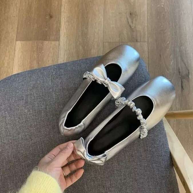 Genuine Leather Korean Style Bowknot Square Toe Mary Jane for Women 2025 Spring Ballet Flat Shoes