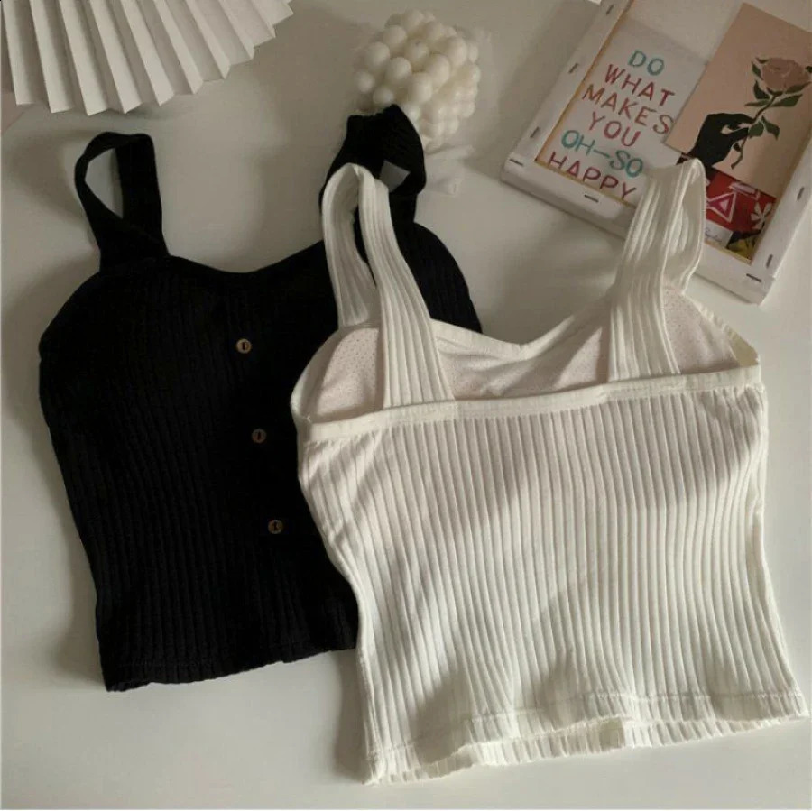 1pcs Summer Girls Cute Button Padded Bra Tank Top Women Casual Strap Vest Female Camisole With Built In Camis Ladys top 250527