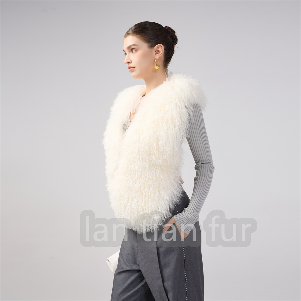 2025 Spring/Summer New Fur Vest Real Mongolian Sheep Sexy Large Open Back Hanging Neck Top Mongolian Fur Top Fur Coat