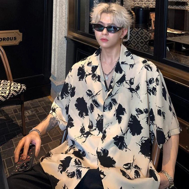 French Floral Shirt Mens Short-sleeved Summer Ice Silk Tops 250527