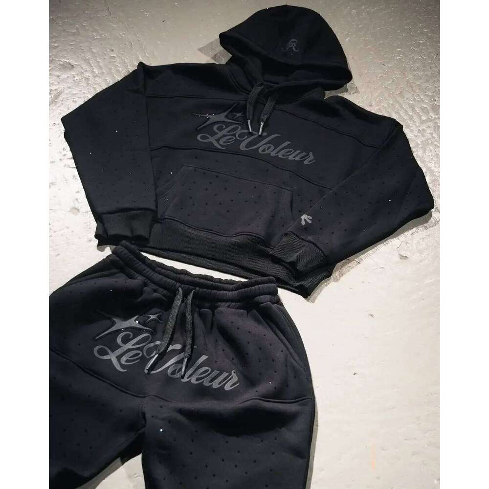 Women's Wear Streetwear Hoodie Sweatpantstwo Piece Y2k Clothes Mens Hip Hop Letters Embroidered Rhinestone Sequins Sweatshirt Pants Set