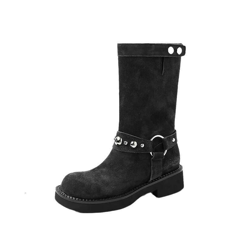Korean Style Melard Thick Sole Chunky Heel Round Toe Metal Buckle Martin Short Mid-Calf Boots Women 2024 New Autumn Winter