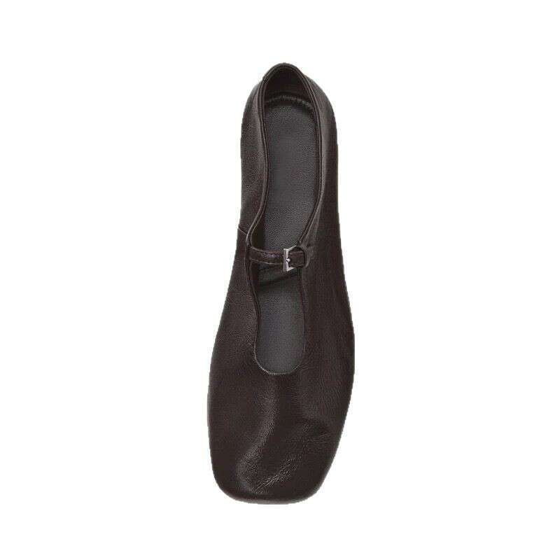 Genuine Leather French One-Strap Ballet Flats for Women 2025 Spring Square Toe Flat Mary Jane Shoes