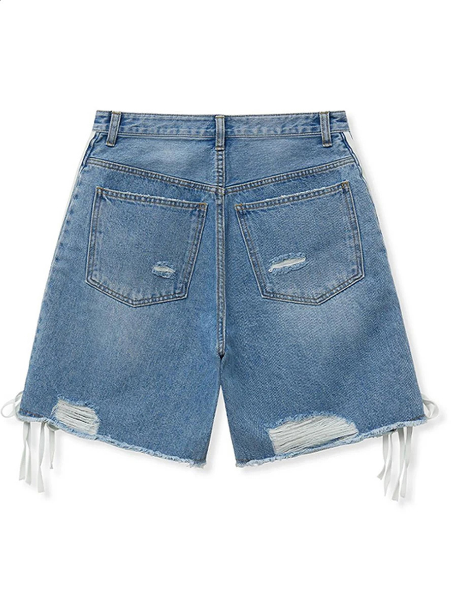 Women s Distressed Denim Shorts with Frayed Hem and LaceUp Detail Perfect for Summer Vacation Street Style 250516Z