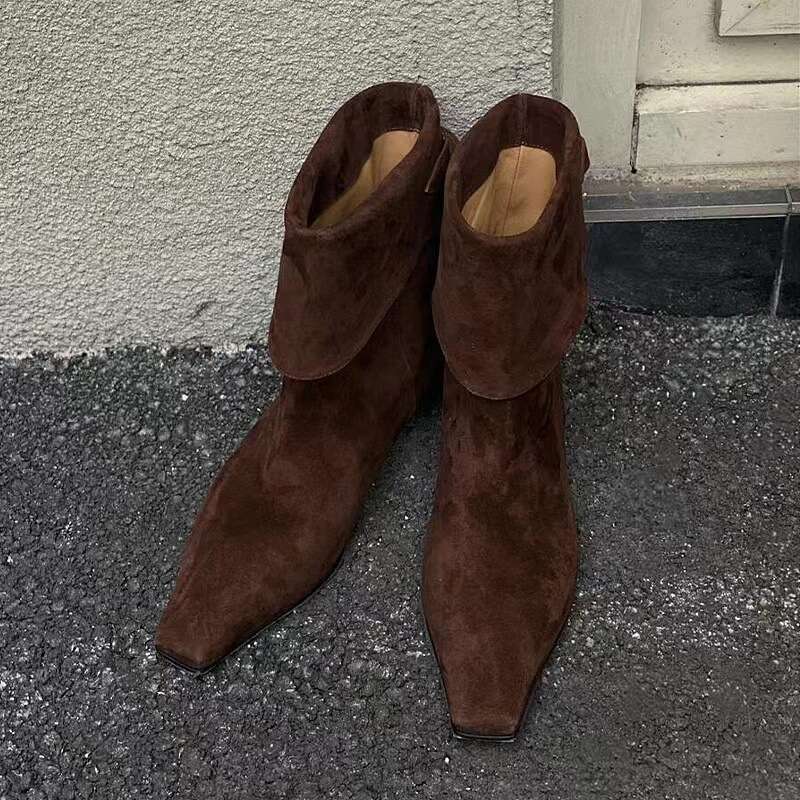 Korean Style Niche Folded Chelsea Slim Short for Women Autumn Winter Fleece Lined Flat Small Square Toe Western Cowboy Boots