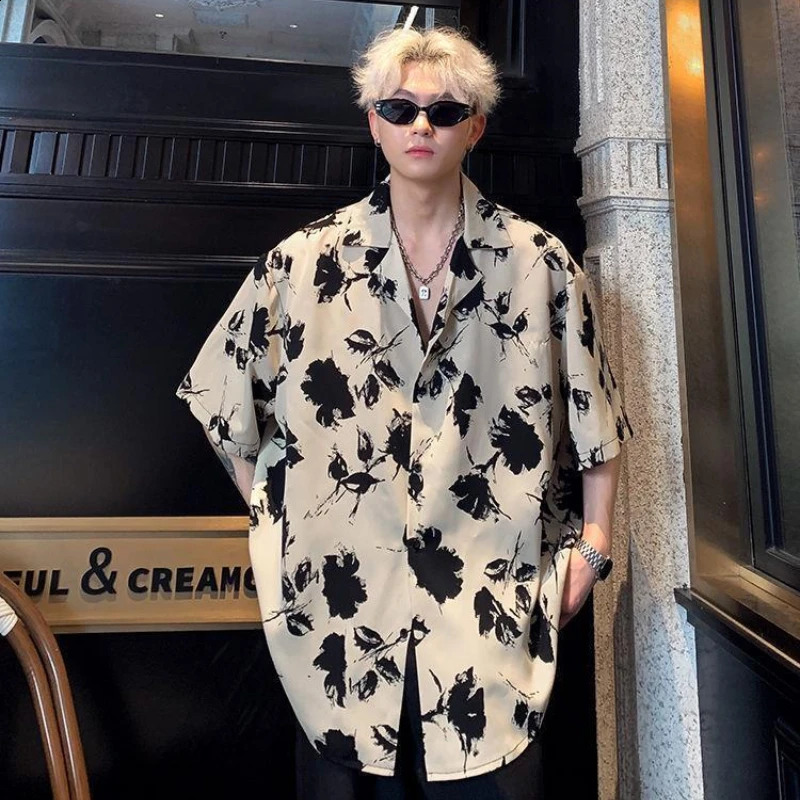 French Floral Shirt Mens Short-sleeved Summer Ice Silk Tops 250527