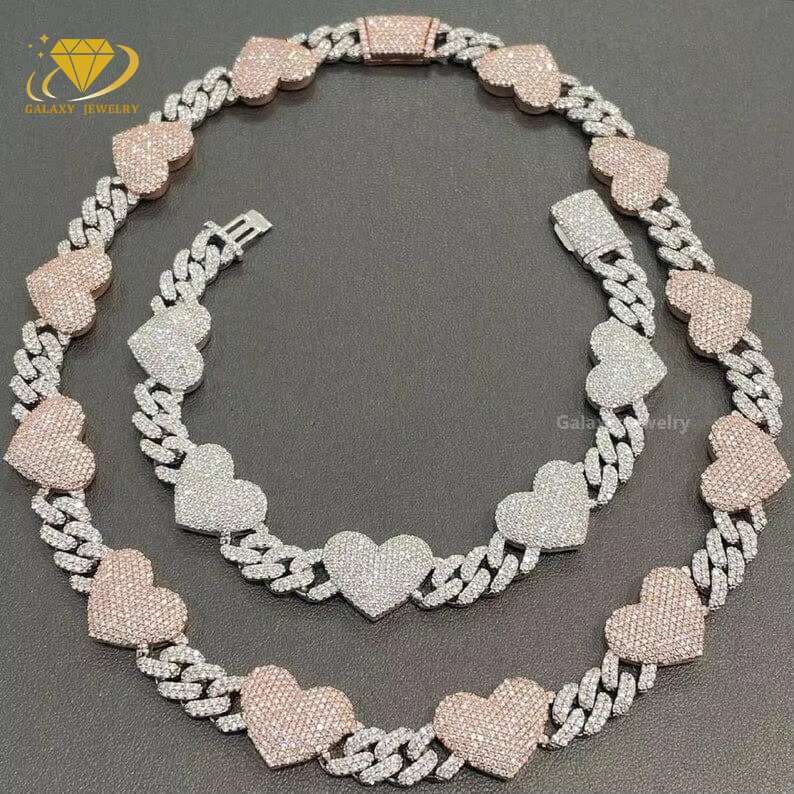 Fashion 14mm Heavy Heart Love Cuban Bracelet Hiphop 925 Pure Silver Iced Out Full Moissanite Diamonds Woman Cuban Link Chain