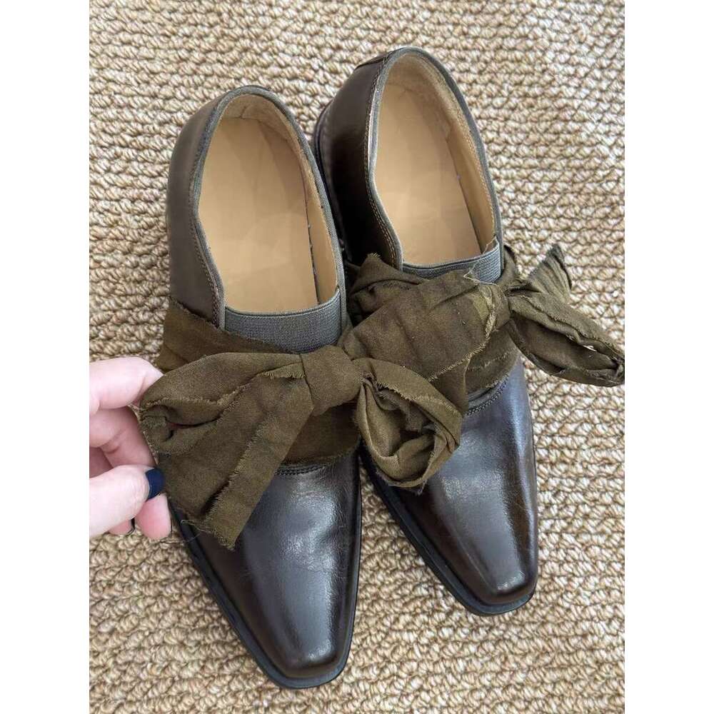 Genuine Leather Niche Bowknot Strap Pleated Square Toe Women's Loafers 2025 New Chunky Heel Single Shoes