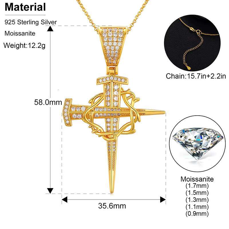 Hip Hop 925 Sterling Silver VVS Moissanite Nail Cross Pendant 18K Gold Plated Diamond Hip Hop Cross Pendant Necklace