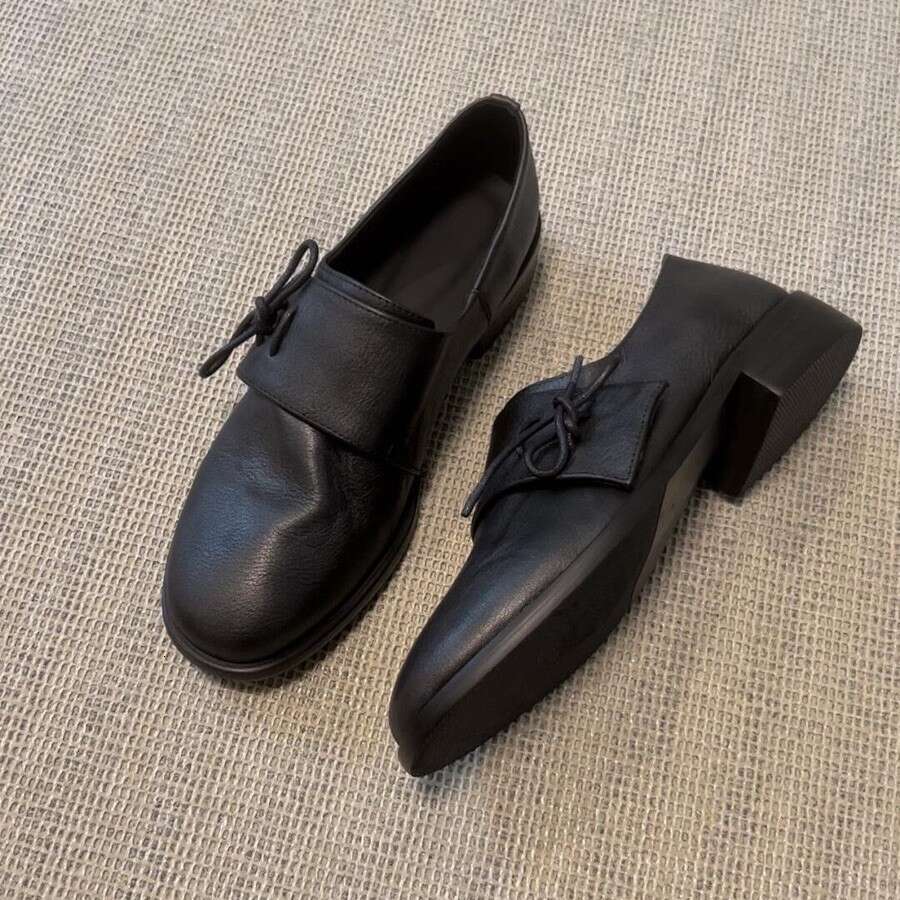 Genuine Leather Bowknot Deep Mouth Women's 2024 Autumn Winter New Versatile Chunky Heel Round Toe Loafers Single Shoes