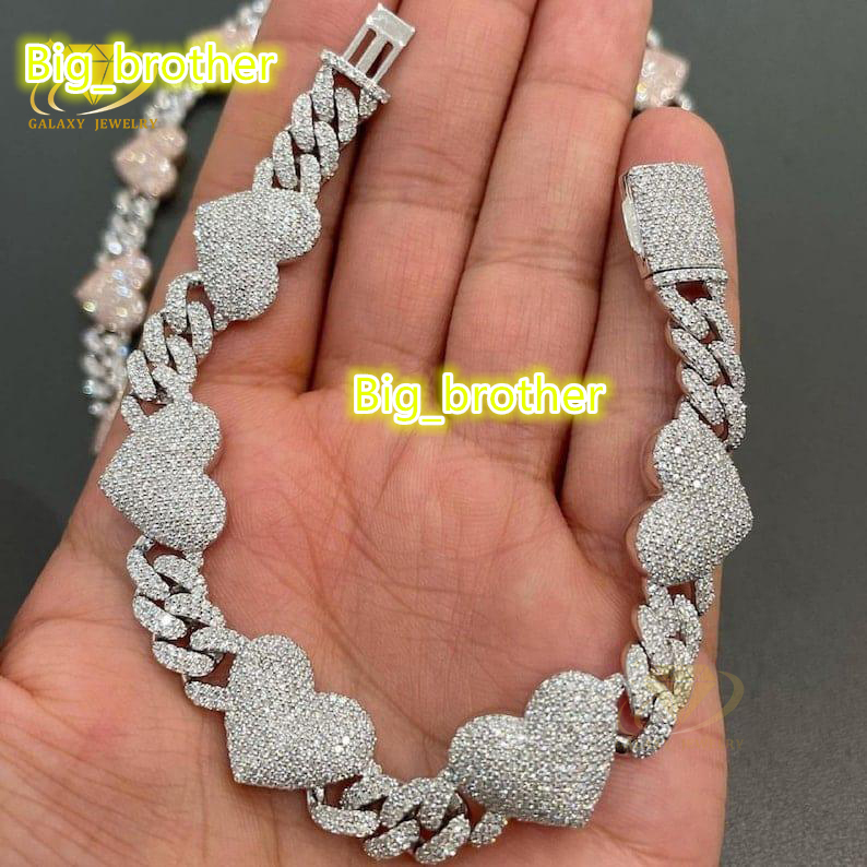 Fashion 14mm Heavy Heart Love Cuban Bracelet Hiphop 925 Pure Silver Iced Out Full Moissanite Diamonds Woman Cuban Link Chain