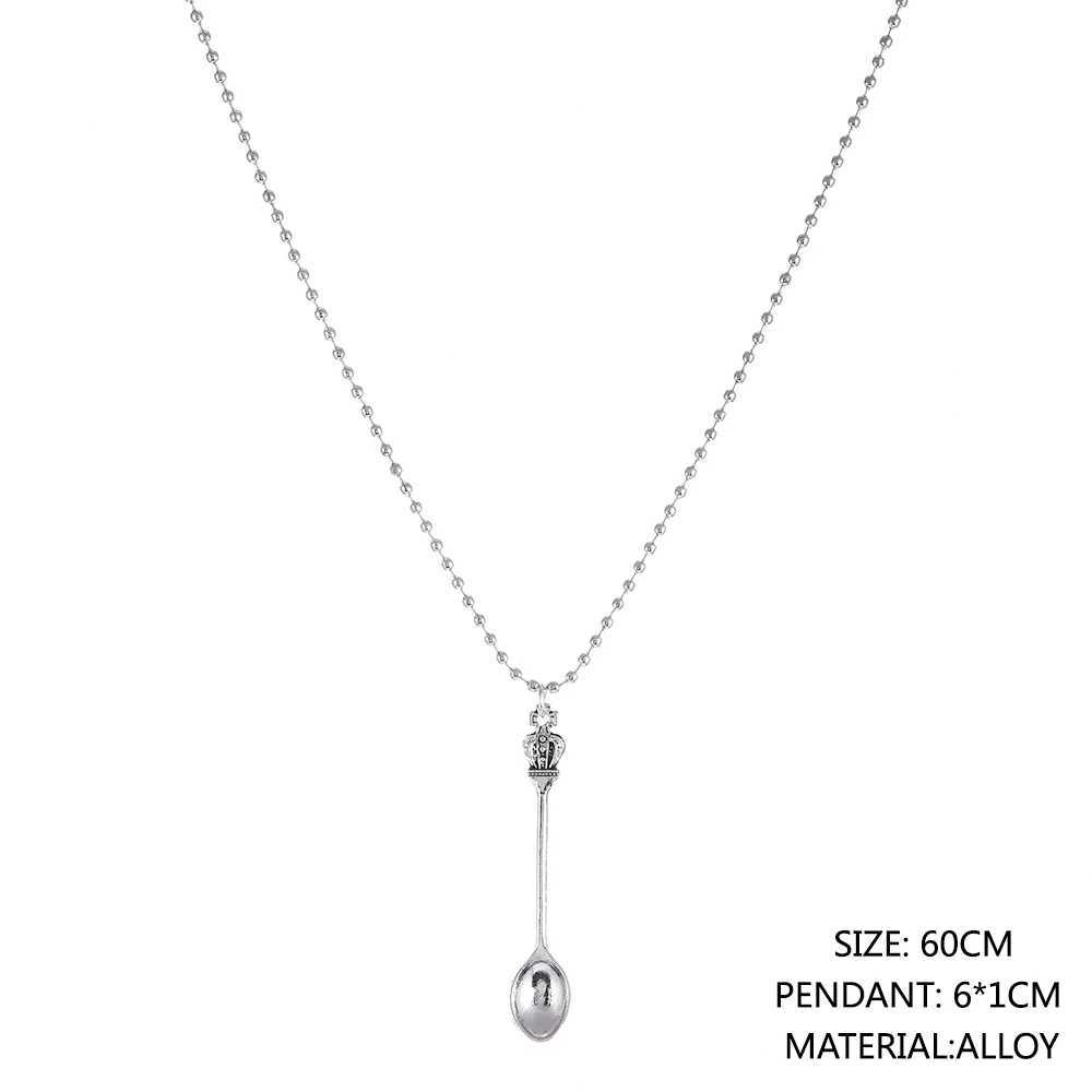 Fashion Women Men Crown Mini Tea Spoon Shape Pendant Long Chain Necklace Sweater Metal Chain Necklace Jewelry XJ250528