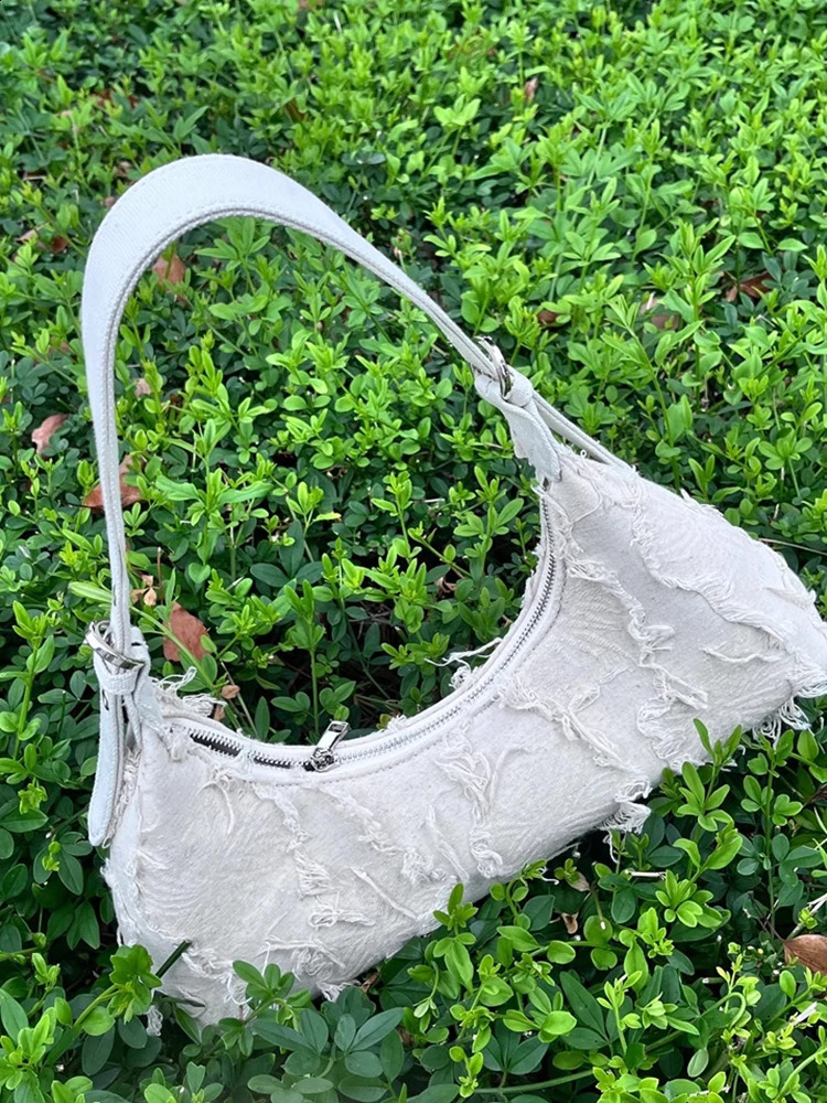 Celebrity Same Style Bag Ins Blogger Baguette Stitching Canvas Patch Tassel Retro Single Shoulder Armpit for Women 250528