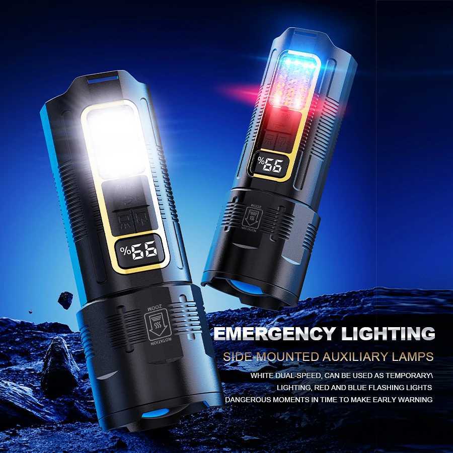 Powerful 30W LED Flashlight Built-in 18650 Battery Portable Zoom Tactical Torch Type-C Rechargeable Emergency Camping Power BankXJ250529
