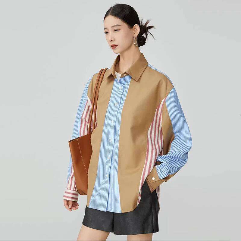 Women's Wear DEAT Fashion Irregular Contrast Color Striped Shirt Women's Lapel Loose Single Braested Long Sleeve Blouse New Tide 7Ab8930