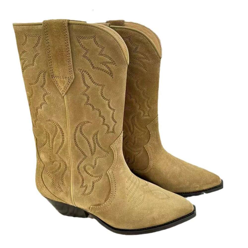 Genuine Leather Suede Niche Embroidered Western Cowboy for Women, Autumn and Winter, Chunky Heel, Pointed Toe, V-Mouth Mid-Calf Riding Boots