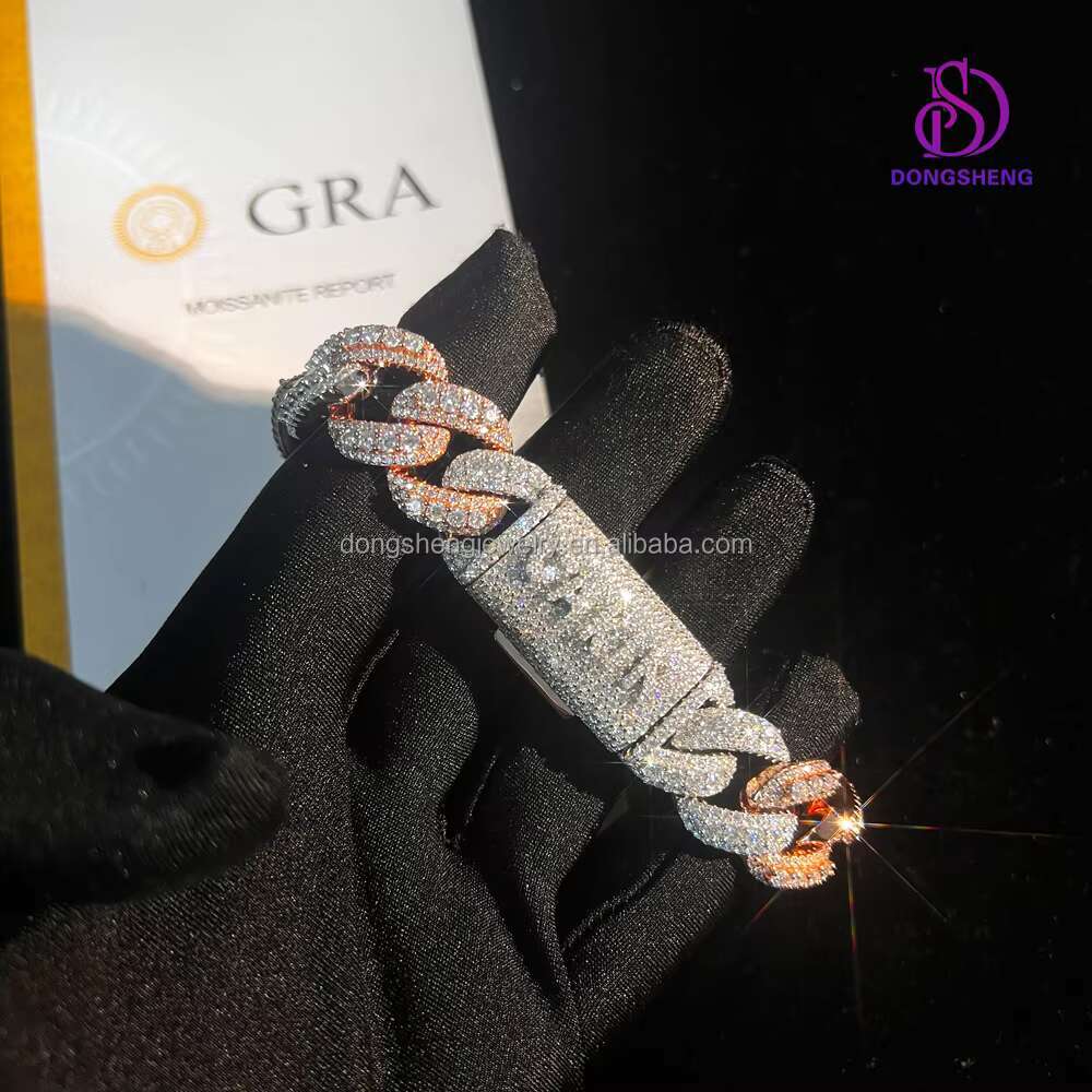 Moissanite Bracelet Two Tone Plated Raised 925 Silver 18mm Moissanite Cuban Chain Gift Ideas for Fine Hip Hop Jewelry