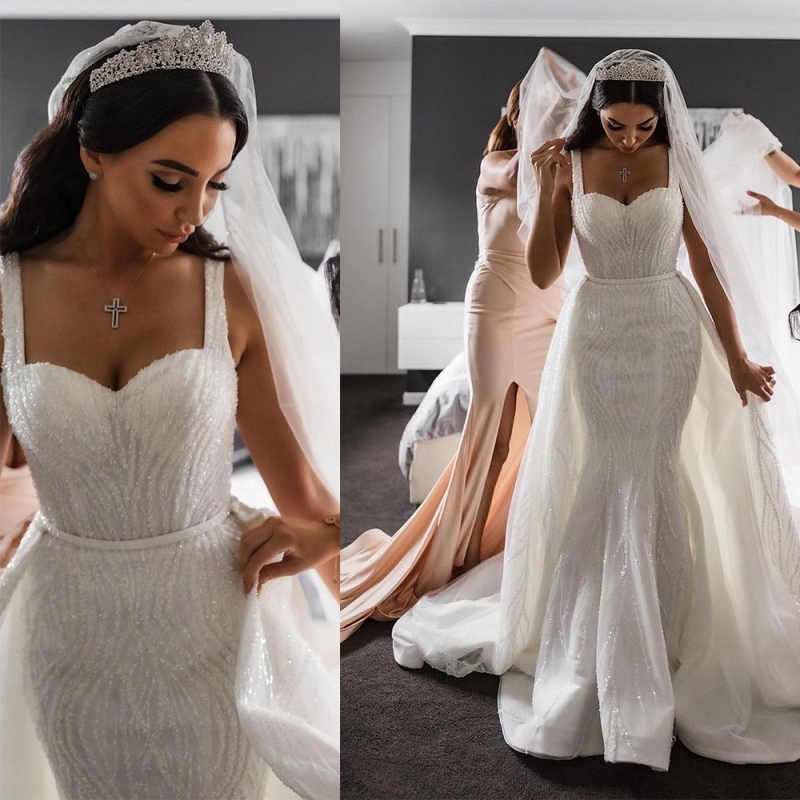 Elegant Mermaid Wedding Dress Sweetheart Neck Sleeveless Bridal Gowns Sequins Detachable Train Dresses Custom Made vestidos de novia