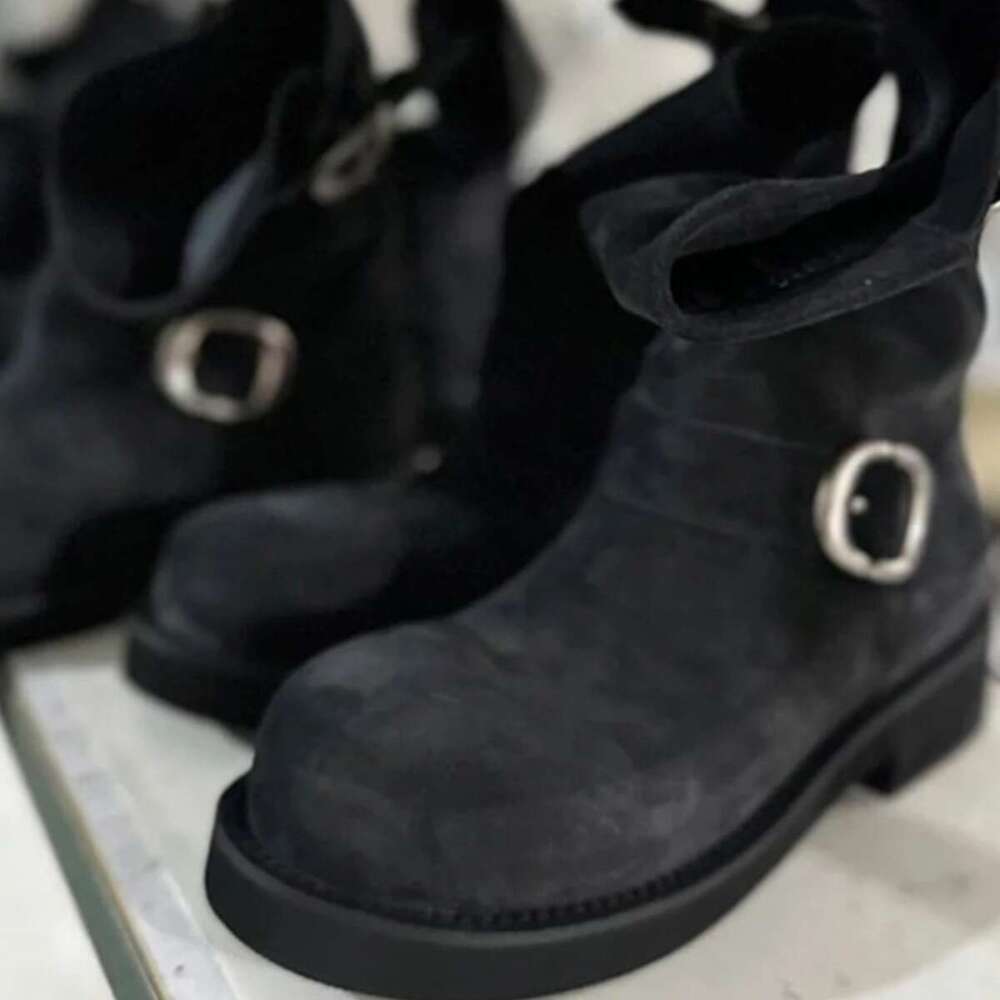 Suede Round Toe Thick Sole British Style Martin Western Cowboy Women 2024 New Belt Buckle Mid-Calf Short Boots