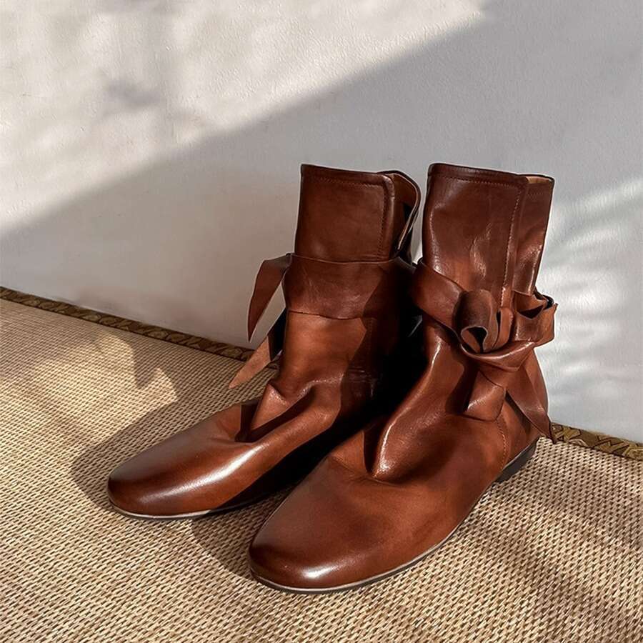 Genuine Leather Niche Dyed British Style Martin for Women, Autumn Winter Chelsea Ankle with Bowknot, Flat Pleated Slouch Boots