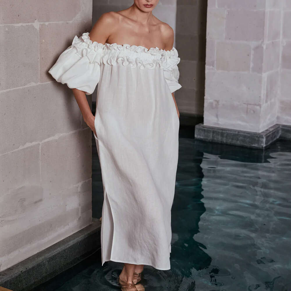 Spring/Summer Women's Off-Shoulder Sexy Puff Sleeve Solid Color Ruffle Vacation Beach Dress B5