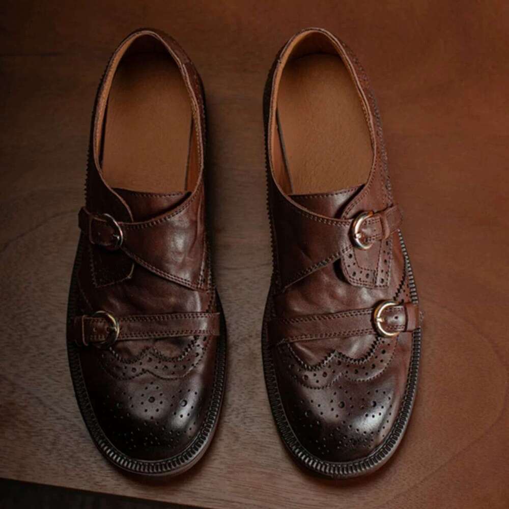 Genuine Brogue Carved Small Leather Shoes for Women, Chunky Heel, Thick Sole, Round Toe, Slip-On Loafers, Commuter Flats