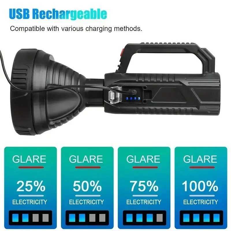 High Power LED Flashlight Rechargeable Super Bright Searchlight Waterproof Hand Lantern Outdoor Portable Work Light Lightweight XJ250529