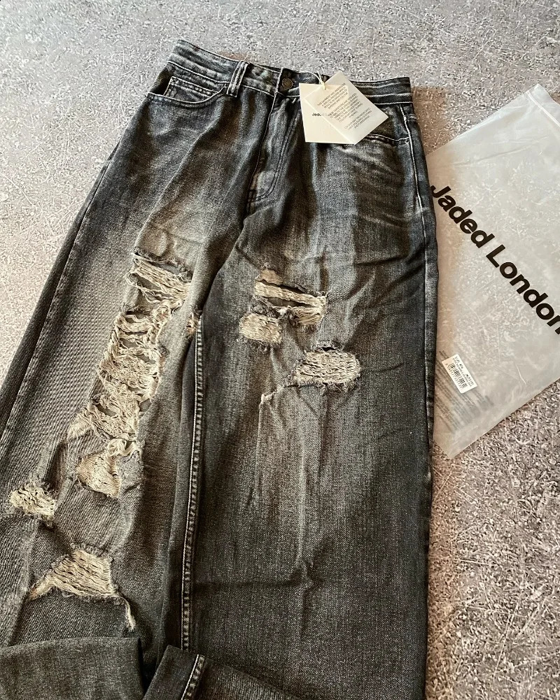 Y2K American Hole Oversized Printing Washed Old Casual Jeans Men Punk Fashion Vintage Hip Hop High Waist Wide Leg Pants 250526