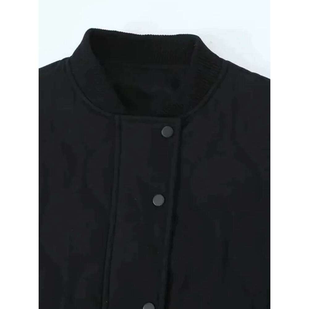 ZBZA Women Quilted Warm Loose Bomber Jacket Stand Collar Solid Vintage Zip Button Pocket Spliced Outerwear Winter Chic Coat