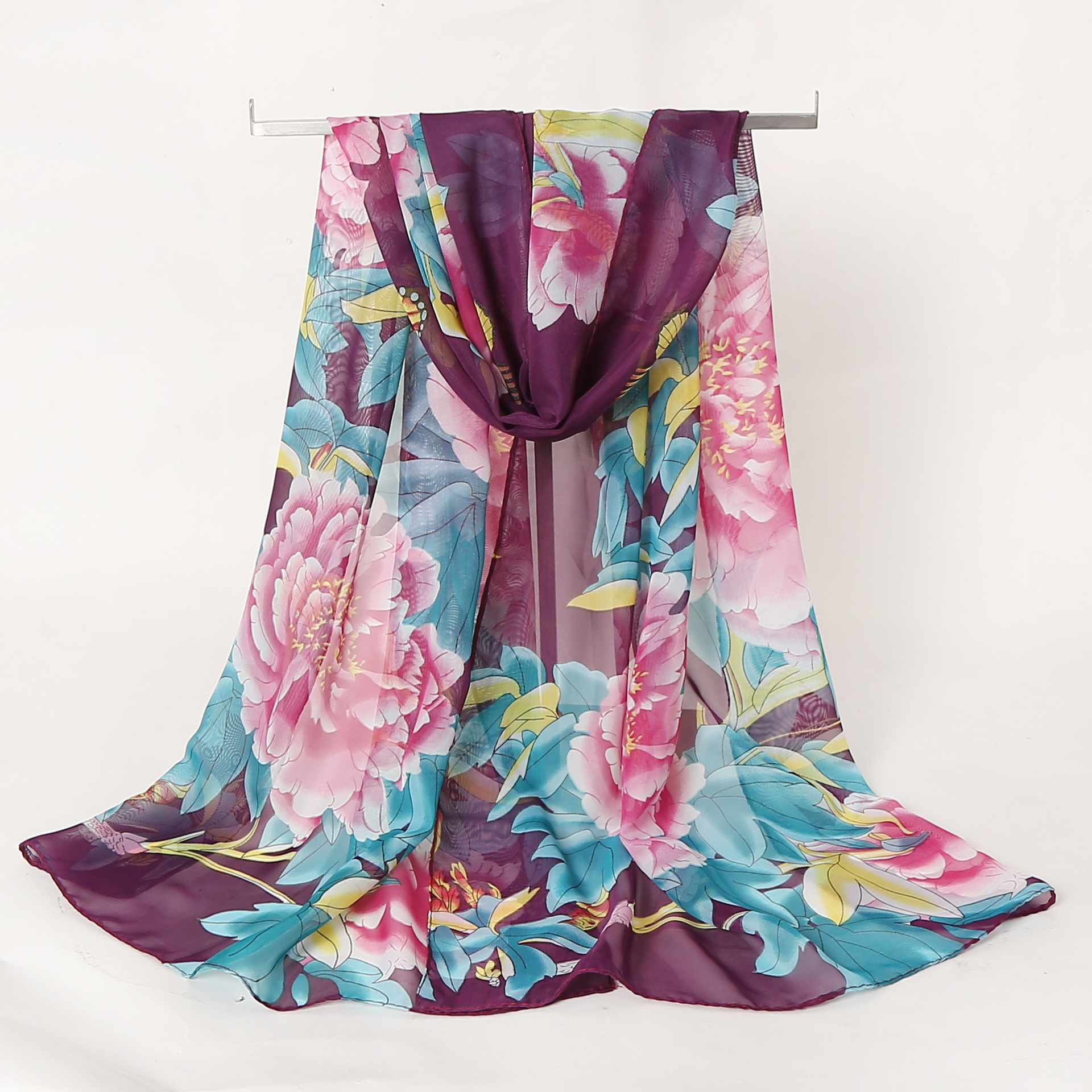 K864 2024 new Korean scarf women's spring and summer chiffon printed silk scarf long versatile beach towel shawl factory direct sales