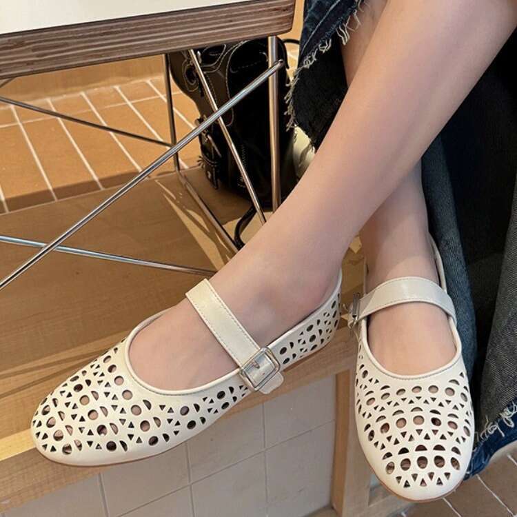 Genuine Leather Shallow Mouth One-Strap Round Toe Hollow Flat Ballet Women Spring Summer New Mary Jane Shoes