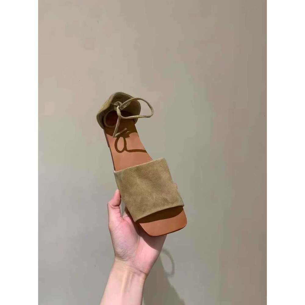 Cowhide Version ~ Korean Style Niche Open-Toe One-Strap Sandals Women 2025 Summer Flat Lace-Up Backless Half Slippers for Outdoor Wear
