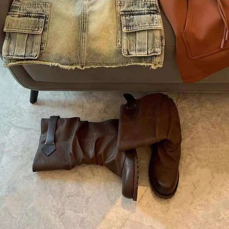 American Style Niche Pleated Slouch Mid-Calf for Women 2024 New Thick Heel Platform Riding Long Boots