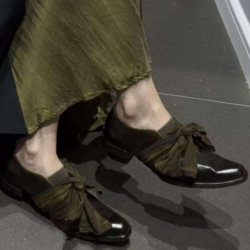 Genuine Leather Niche Bowknot Strap Pleated Square Toe Women's Loafers 2025 New Chunky Heel Single Shoes