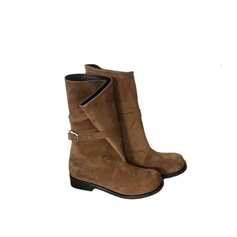 Korean Niche Foldable Wide Tube Mid-Calf Western Cowboy for Women Autumn Winter Thick Heel Round Toe Belt Buckle Martin Boots