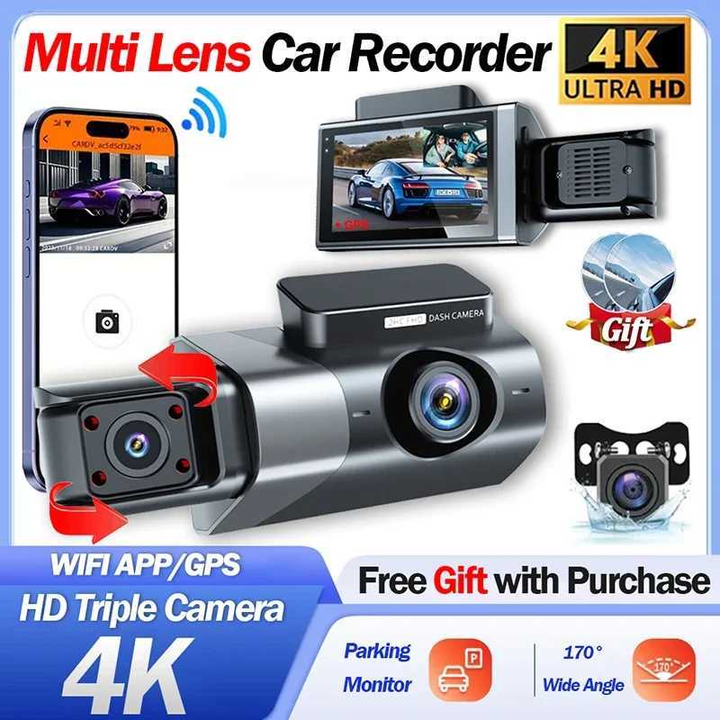 Car dvr Car dvr 4K 3Lens Dash Cam for Cars Front and Rear View Camera for Vehicle GPS WIFI Video Recorder Parking Monitor Car Assecories R250529