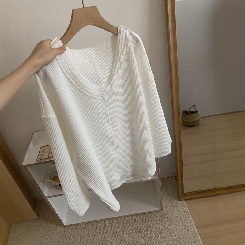LYW2607 Autumn new Korean loose raw edge large V-neck ribbed sweater women's versatile jacket tops