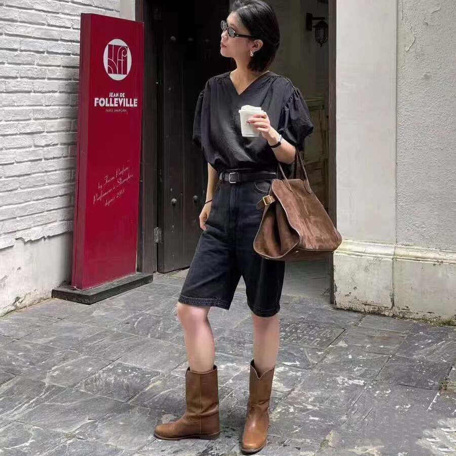 Genuine Leather Korean Style V-Cut Wide Mid-High Tube Flat Martin Mid-Calf Women 2024 New Autumn Winter Riding Boots