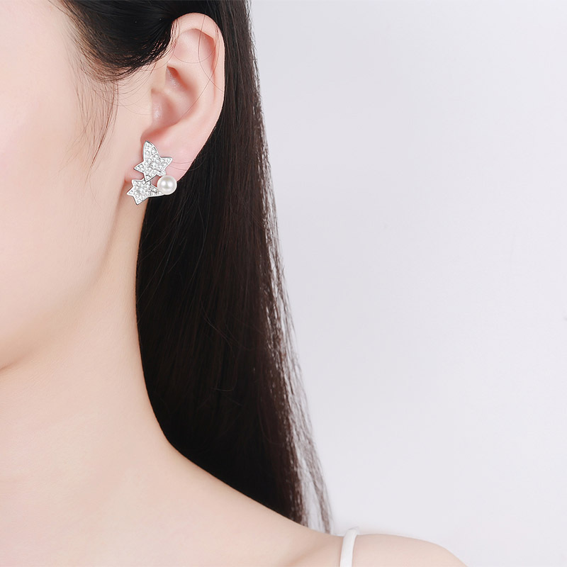 925 Sterling Silver Freshwater Pearl Floral Leaf Earrings with Flawless Moissanite Studs Popular Network Style Wholesale