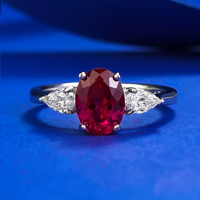 Mujing Jewelry Live New S925 Silver Simulated Blood Red 6*8mm Oval Red Corundum Fashion Versatile Ring