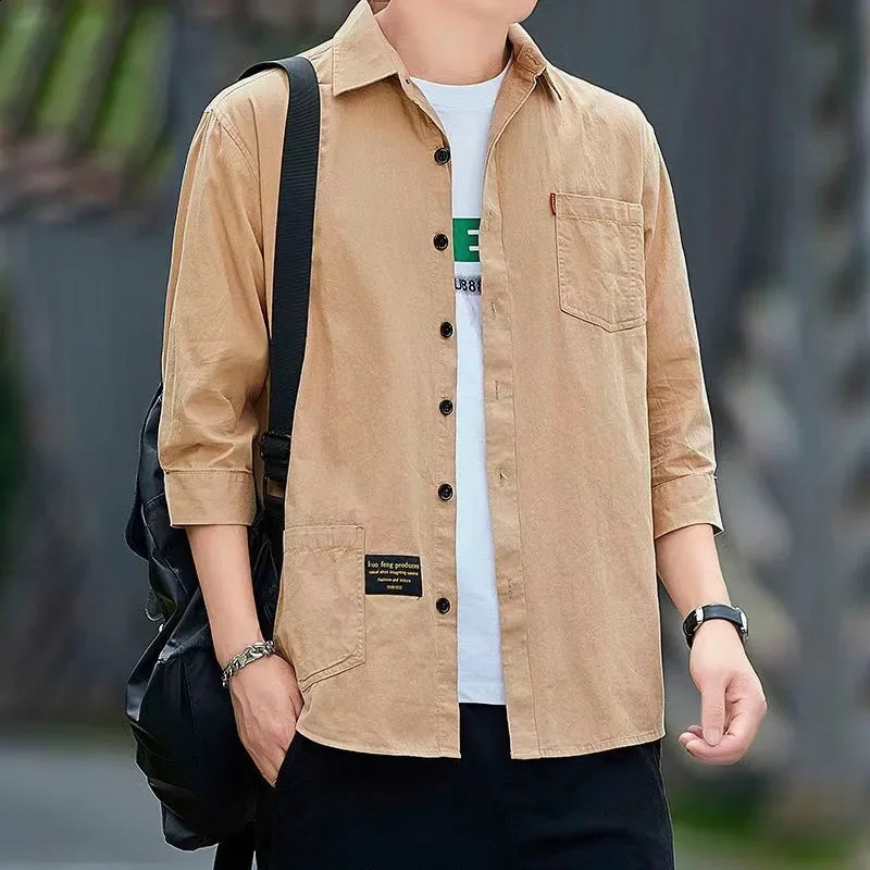 Men shirts Summer Mens clothing ShortSleeved shirts blouses Daily Solid Color StandUp Collar Casual Beach Style Male Shirt 250517