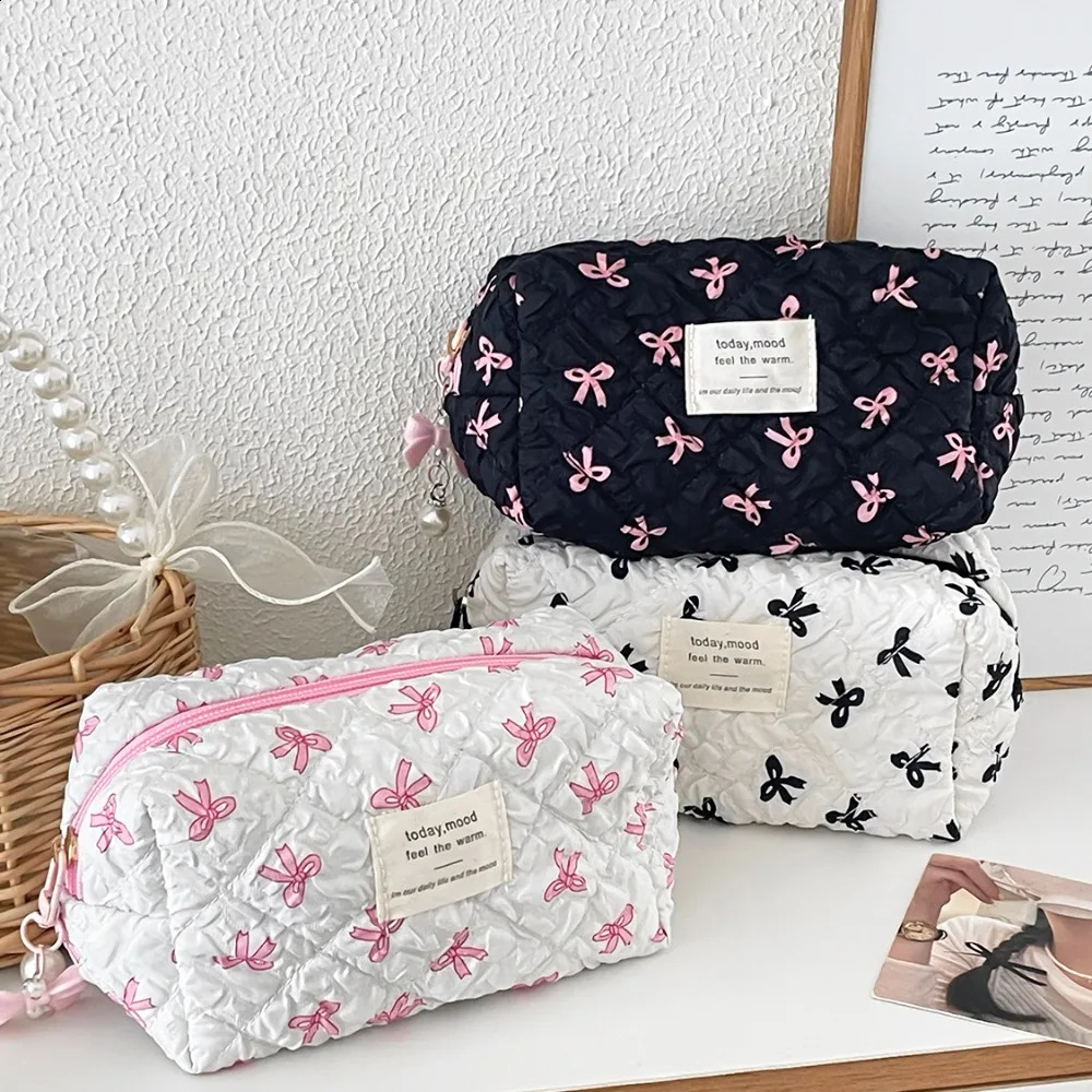 Fashion Ins Pink Bow Quilted Cosmetic Bag Large Capacity Travel Makeup Storage Pouch Handbag Women Zipper Small Bag 250528