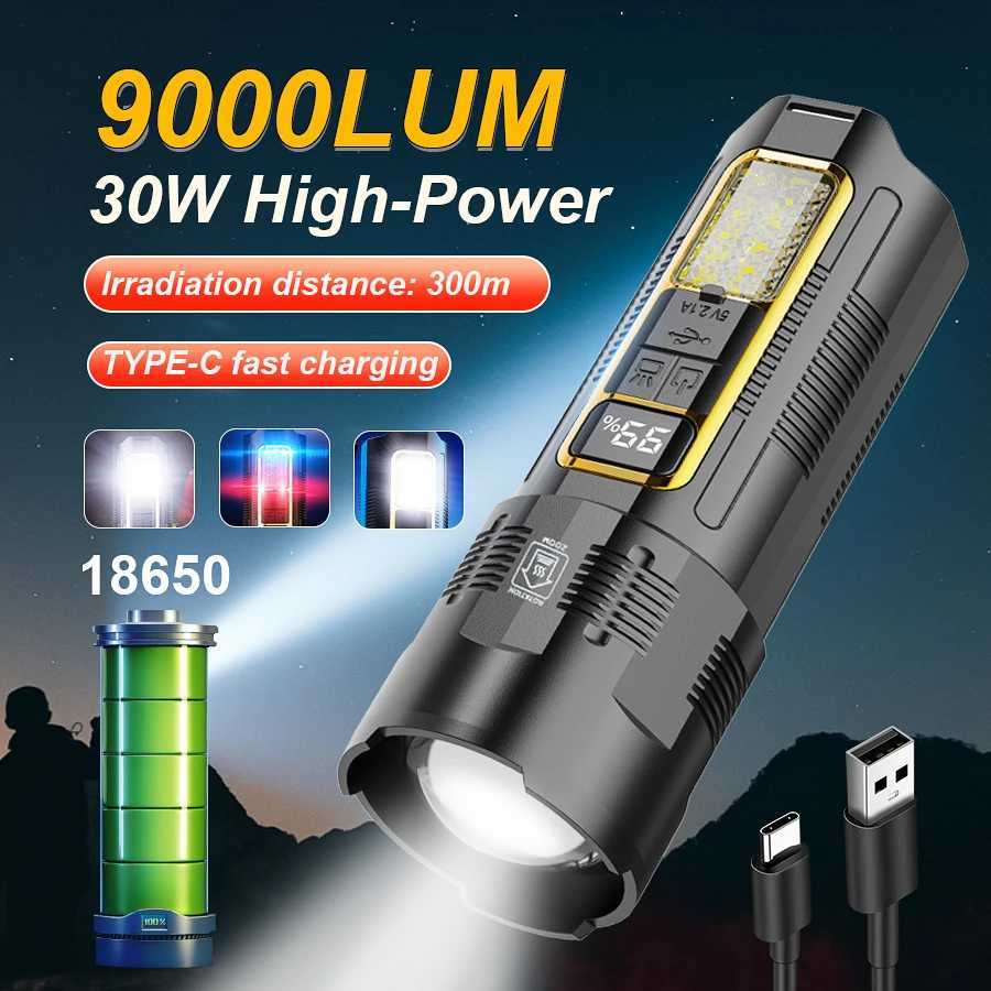 Powerful 30W LED Flashlight Built-in 18650 Battery Portable Zoom Tactical Torch Type-C Rechargeable Emergency Camping Power BankXJ250529