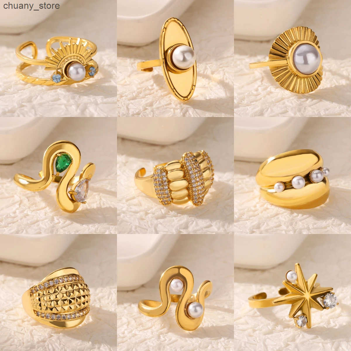 Zircon Pearl Creative Shape Design Stainless Steel Gold Plated Ring for Women Open Adjustable Charm Jewelry Accessory Trendy New z250529KGYF