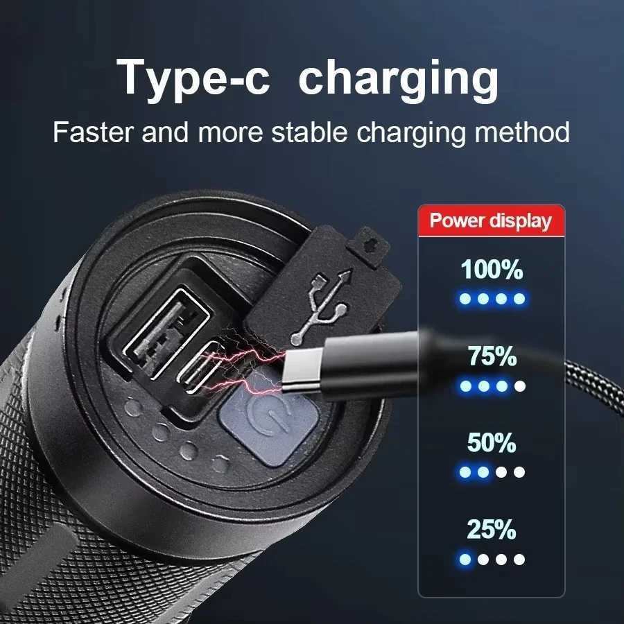 50000LM Zoom Tactical Flashlight USB-C Rechargeable 12000mAh IPX6 Waterproof Aluminum Torch for Outdoor SurvivalXJ250529