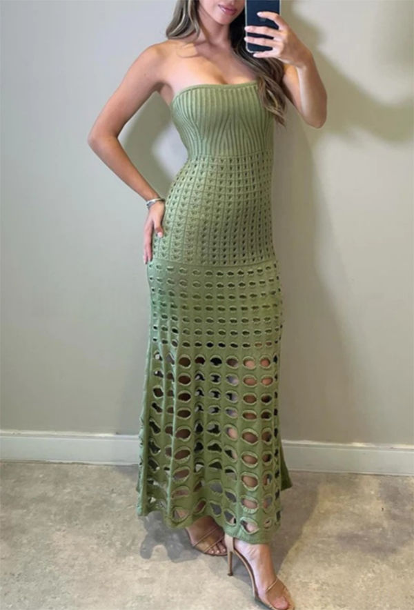 Summer Sexy Hollow Out Bandeau Dress Knitted Bikini Cover-ups Women See Through Maxi Solid Swimsuit Beach Cover Up